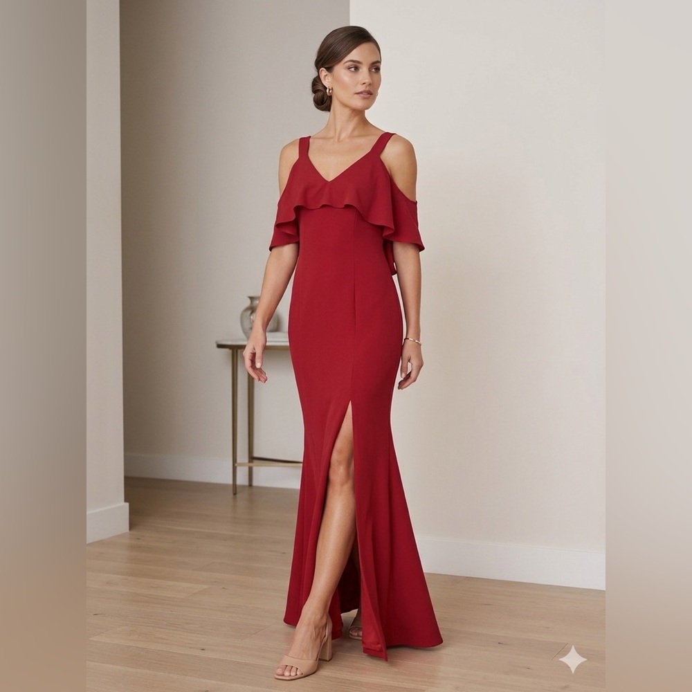Jay x Jay Godfrey Red Ruffle V-Neck Sleeveless Maxi Gown Dress Long Size 2